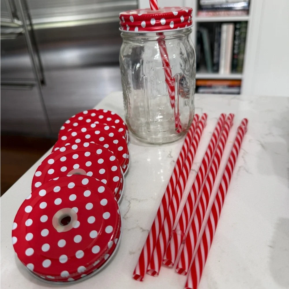 Red Polka Dot Mason Jar Lids and Straws Set